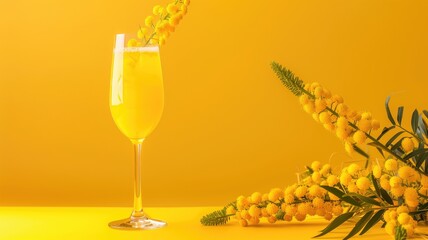 Glass of orange drink with yellow blossoms against backdrop