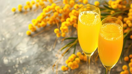 Two glasses of sparkling yellow beverage with flowers in soft focus background - obrazy, fototapety, plakaty