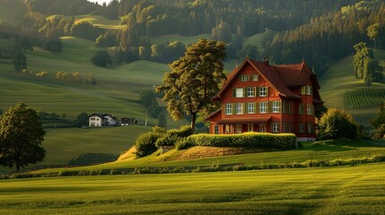 Obraz na płótnie Canvas Golden hour illuminating a beautiful red Swiss country house with a backdrop of sprawling green meadows