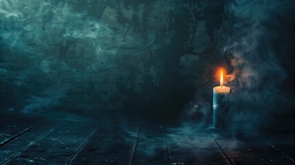 Single candle burning in dark, eerie room with smoke, blue light, and wooden planks