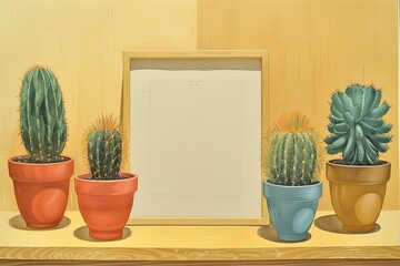 Vibrant Cactus Collection on Colorful Shelf with Blank Signboard