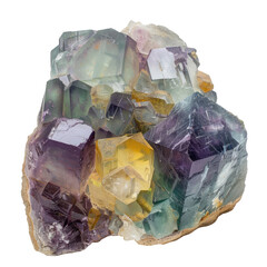 A sizable chunk of raw fluorite complete with calcite nestled among various other stone fragments was showcased at the mineral exhibition against a transparent background