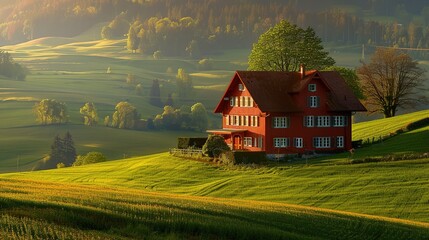 Golden hour illuminating a beautiful red Swiss country house with a backdrop of sprawling green meadows