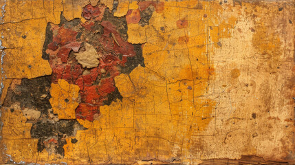A yellow and red wall with a flower on it. The wall is old and has a lot of cracks and holes