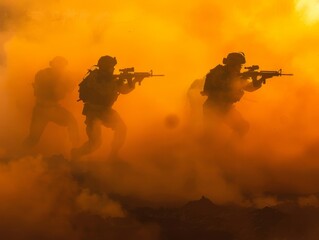 Fototapeta na wymiar Silhouette of soldiers in the smoke. Military silhouettes.