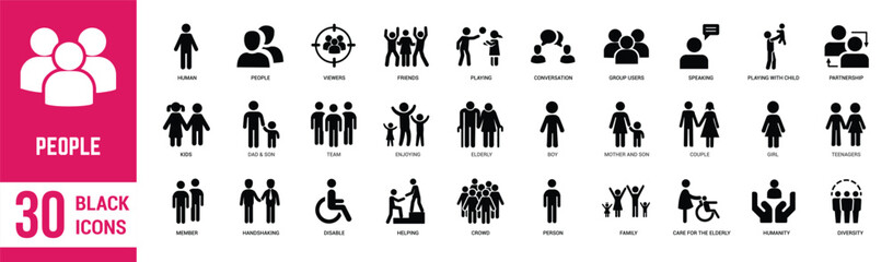Business people solid icons set. Business people, human, family, community, student, member, friends, disabled and culture. Vector illustration