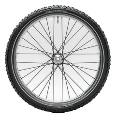 Bicycle wheel with spokes and rubber tire on white Background