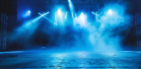Dramatic blue stage lights with smoke effects at a live concert performance.