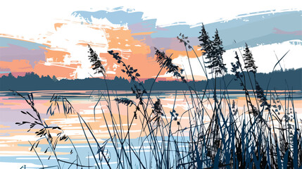 Reeds on the shore of the lake at sunset. Abstract 