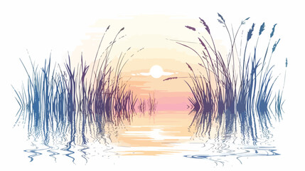 Reeds on the shore of the lake at sunset. Plants are - obrazy, fototapety, plakaty