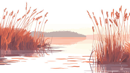 Reeds on the shore of the lake at sunset. Plants are - obrazy, fototapety, plakaty