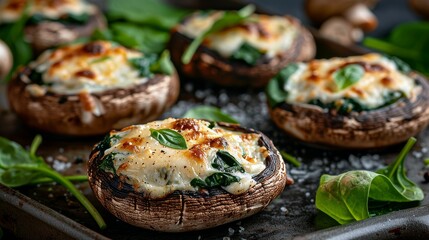Close-up of Portobello mushrooms stuffed with spinach, mozzarella, and cream cheese, isolated background, studio lighting, raw style