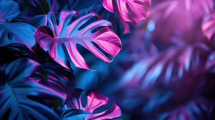 tropical leaves in neon Light, minimalism with empty copy space
