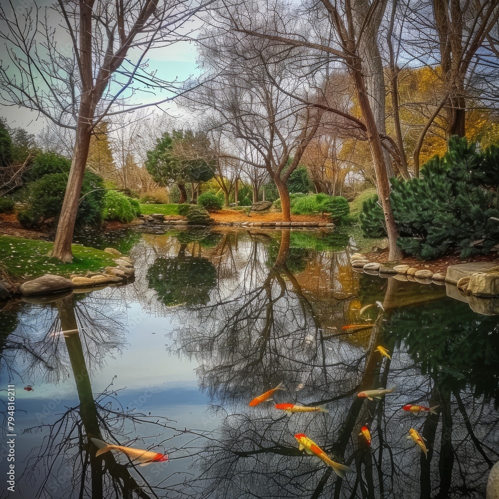 Sticker A pond with a few trees and a few fish in it