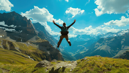 A man is jumping in the air with his arms outstretched, surrounded by mountains by AI generated image