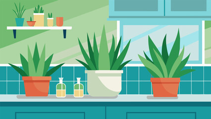 A of vibrant Aloe Vera plants on a kitchen counter their ability to remove formaldehyde making them the perfect addition to any home - obrazy, fototapety, plakaty
