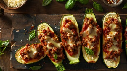 Artistic top view of zucchini boats stuffed with cheesy Italian sausage, mozzarella, and sauce, highlighted by focused studio lighting on a clean background