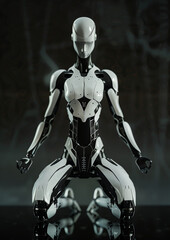 Fototapeta na wymiar humanoid robot, ultra-minimalist appearance design, integrated appearance design, nanotechnology, white and black, doing yoga
