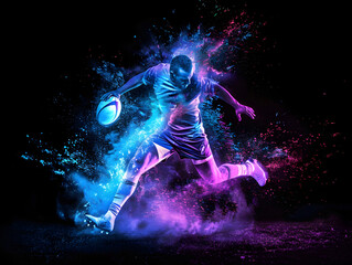 Fototapeta premium A rugby player is launching a ball into the sky with force