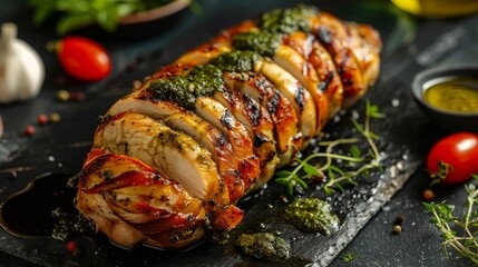 Artistic studio portrayal of golden Hasselback chicken with pesto and mozzarella slices, highlighted by expert lighting and a minimalist background