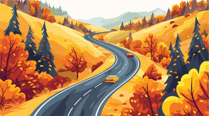 Road with yellow trees in the autumn mountains at sun
