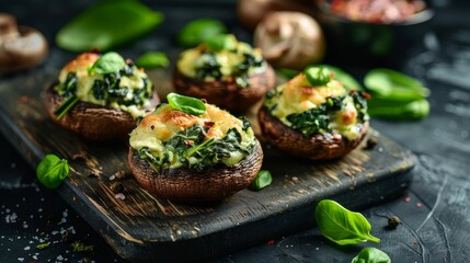 Artistic food portrait of mozzarella and spinach stuffed mushrooms, studio lighting highlights textures, isolated backdrop, raw style