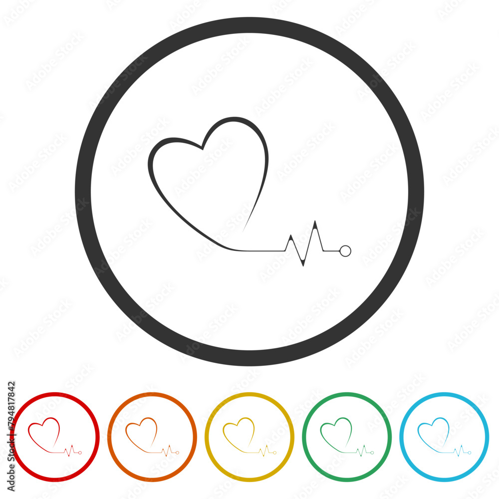 Poster heart pulse one line icon. set icons in color circle buttons