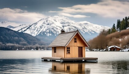floating house of the lake with the snow covered mountain and cloudy sky in background; beautiful scene at early spring. Generative AI