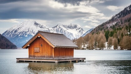 Fototapeta na wymiar floating house of the lake with the snow covered mountain and cloudy sky in background; beautiful scene at early spring. Generative AI