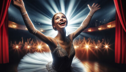  joyful ballerina performing on stage, radiating joy during breathtaking performance - 794817864