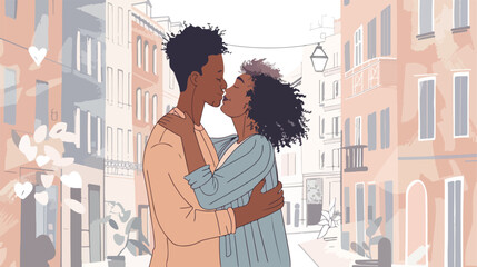 Romantic embrace on city streets with affectionate - obrazy, fototapety, plakaty