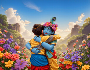 Lord Krishna embracing his lost friend in Vrindavan forest, sunny day afternoon, artwork of a love for a backdrop. Trendy Art Background for a true love and friendship