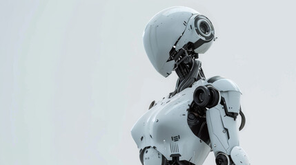A humanoid female combat robot. It has damage after the battle. It has a concise and minimalistic appearance, a streamlined body and movable limbs. It is equipped with cameras and sensors - obrazy, fototapety, plakaty