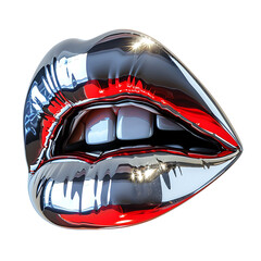 Chrome glossy lips on isolated transparent background
