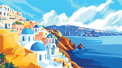 Santorini island Greece. Beautiful sea view at sunny - obrazy, fototapety, plakaty