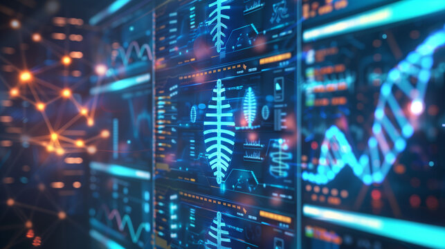 "Future Medical Data Analysis: Holographic DNA Screen for Health Research - 3D Technology, Digital Medicine Interface, Human Body Scan."