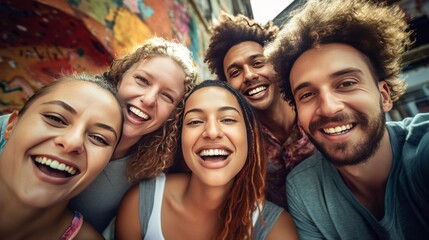 Obraz premium A group of diverse friends taking a selfie against a colorful graffiti wall,