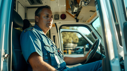 copy space, stockphoto, sideview of an ambulance, ambulance driver sitting in in the drivers seat of an ambulance. Health care theme, ambulance at an accident site, providing first aid.