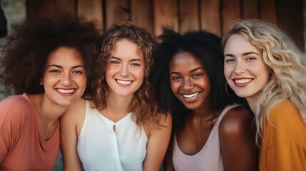 Fototapeta premium A group of multicultural female friends, their smiles reflecting the joy of diversity and shared experiences.