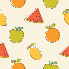 Summer bright seamless pattern with a piece of watermelon, orange, apple and lemon vector illustration