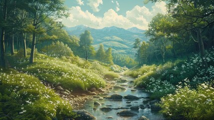 Tranquil mountain brook meanders amid verdant woods - obrazy, fototapety, plakaty