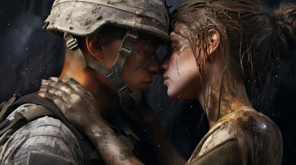 A kiss goodbye between two soldiers going off to war.