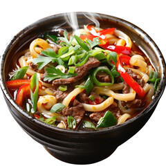 A mouthwatering image of Vietnamese Sao Udon being tossed in a sizzling wok along with a colorful medley of vegetables and tender beef slices showcased in a bowl against a transparent background