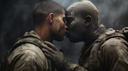 A kiss goodbye between two soldiers going off to war.