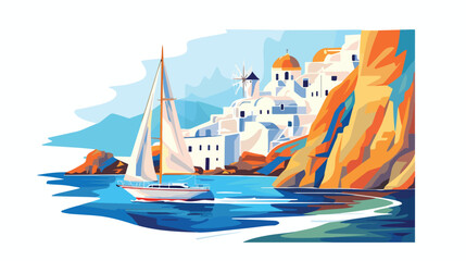 Santorini island Greece. Yacht sailing near the sea - obrazy, fototapety, plakaty