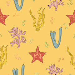 Summer bright seamless pattern with algae, corals, marine plants on the yellow background vector illustration