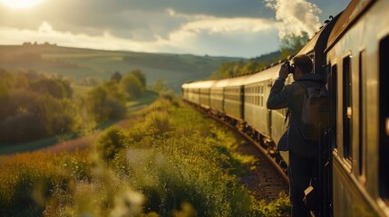 A photographer capturing the nostalgia of a vintage train traveling through scenic countryside. 