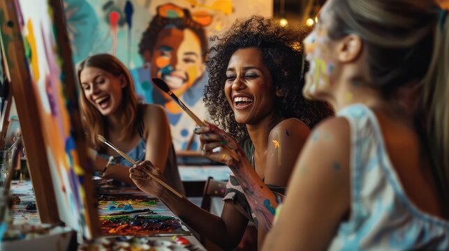Friends having a paint and sip party, expressing creativity and laughter. 