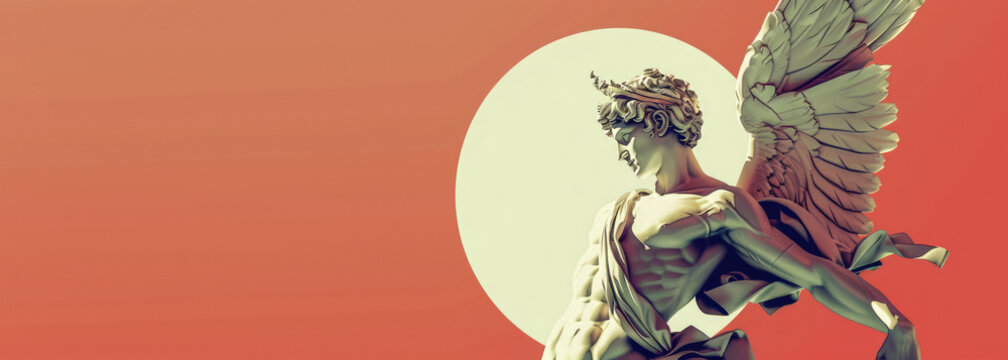 Eros the Ancient Greek god of love and sex banner with Copy space. His Roman counterpart is Cupid In the earliest account, he is a primordial god, while in later accounts