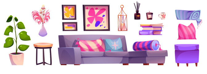 Pink living room furniture for home interior design vector. Modern house lounge with couch, armchair, lamp, round table, scandinavian picture and flower in vase. Livingroom indoor clipart set - obrazy, fototapety, plakaty
